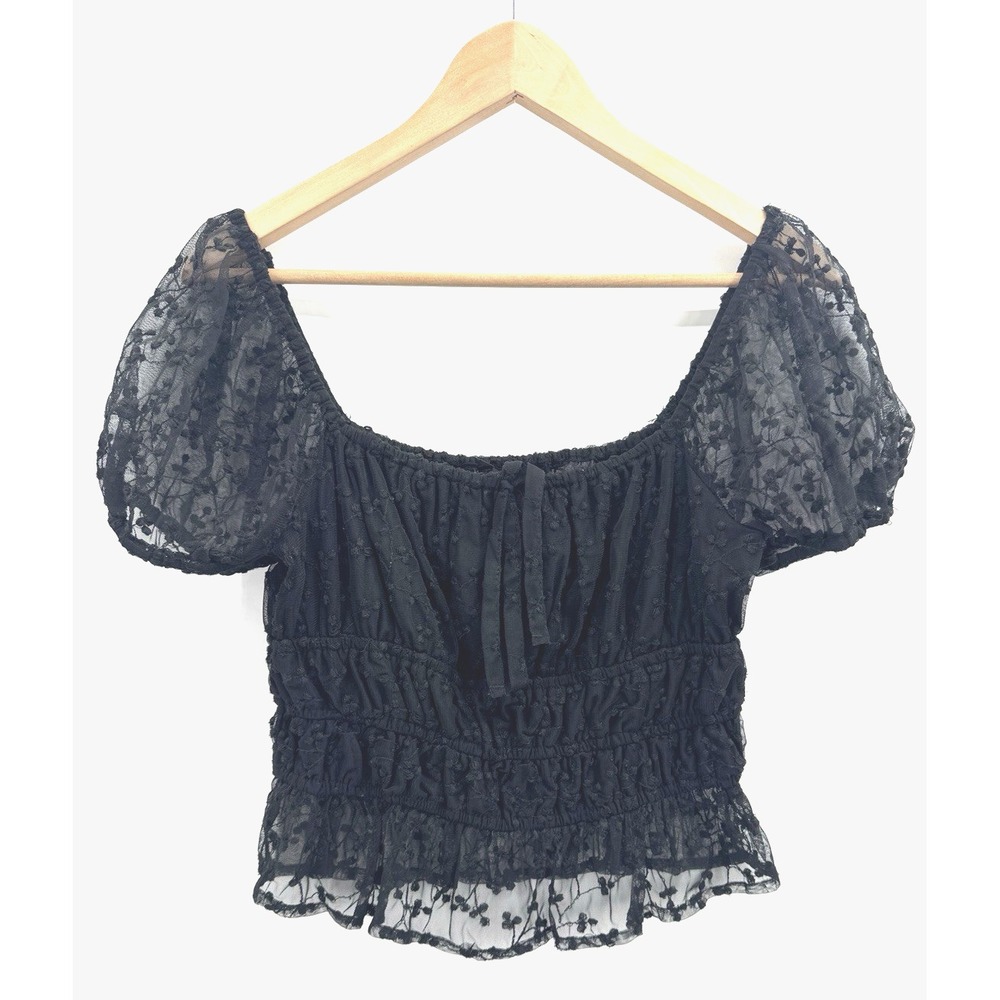 Y2K Whimsigoth Milkmaid Lace Mesh Puff Sleeve Top Medium Peasant Renaissance